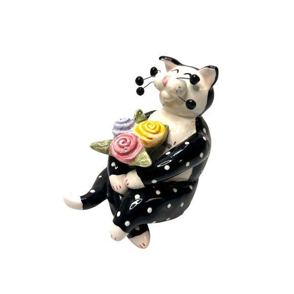 AS IS Whimsiclay by Amy Lacombe Cat Sculpture Figurine 2001 Black w Flowers - Picture 1 of 9